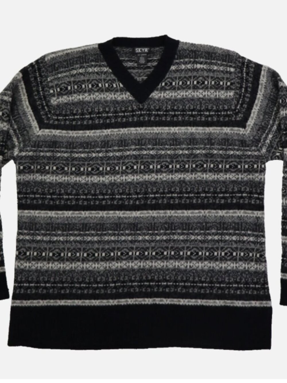 SKYR 100% Lambswool V-Neck Knit Sweater Pullover Men's Size L Black/White Warm
